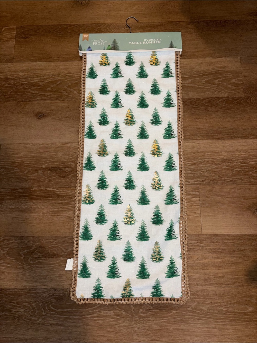 Winter Frost Christmas Tree Table Runner 16x80 Green Gold Jute Trim NWT Flaws